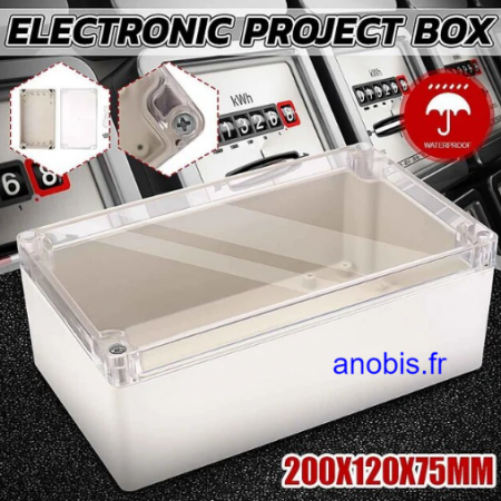 C'est un boitier universel pour incorporer un circuit électronique, reference 200x120x75 de couleur blanche avec un capot transparent