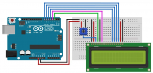 Schéma de câblage complexe Arduino Uno avec écran LCD1602 sur plaque d'essai breadboard
