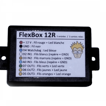 Vue de face du boîtier FlexBox 12R d'Anobis avec les indications de câblage pour les 3 entrées et 3 sorties relais, alimentation 12V et indicateurs LED.