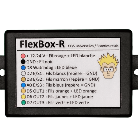 Vue de face du boîtier FlexBox-R d'Anobis avec les indications de câblage pour les 3 entrées/sorties et les 3 sorties relais, alimentation 12-24V DC et indicateurs LED.